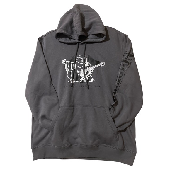 True Religion Mens Granite Grey Buddha Guitar Graphic Sleeve Logo Hoodie XL $119
